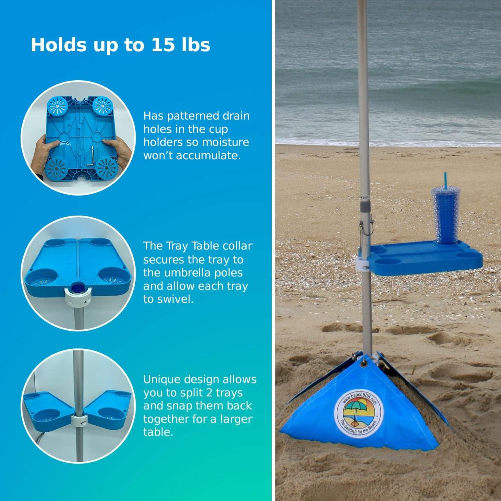 Tray Table System - Beach Umbrella Tray Table with 4 Cup Holders - Beach Trip Must Haves Table for Vacation - Easy Clip on & Clip Off Outdoor Tray Table, Pool Umbrella Table and Beach Table