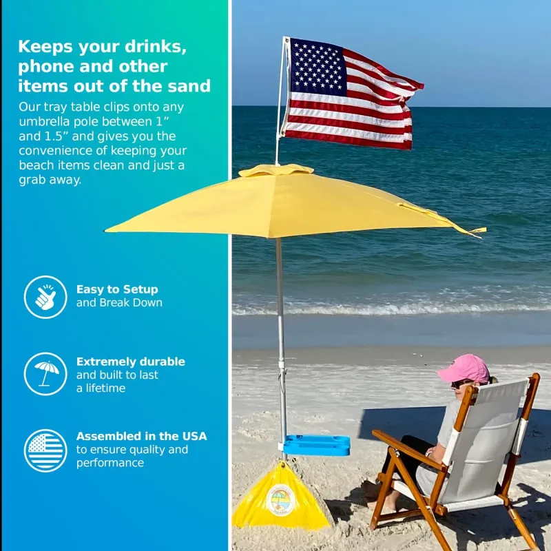 Tray Table System - Beach Umbrella Tray Table with 4 Cup Holders - Beach Trip Must Haves Table for Vacation - Easy Clip on & Clip Off Outdoor Tray Table, Pool Umbrella Table and Beach Table