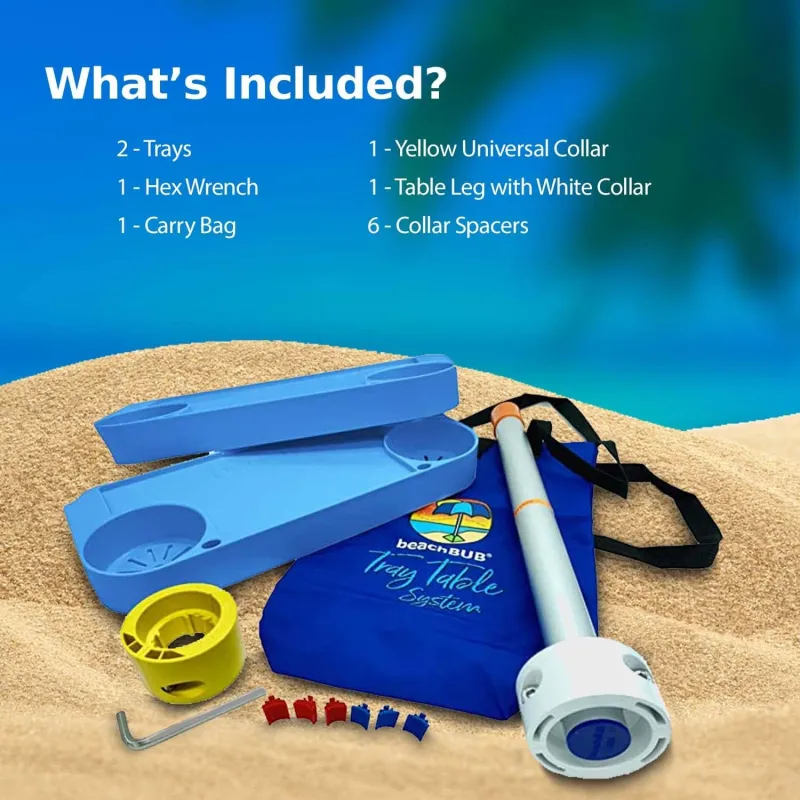 Tray Table System - Beach Umbrella Tray Table with 4 Cup Holders - Beach Trip Must Haves Table for Vacation - Easy Clip on & Clip Off Outdoor Tray Table, Pool Umbrella Table and Beach Table