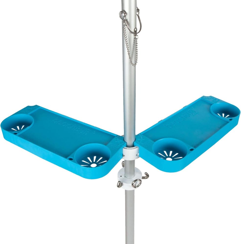 Tray Table System - Beach Umbrella Tray Table with 4 Cup Holders - Beach Trip Must Haves Table for Vacation - Easy Clip on & Clip Off Outdoor Tray Table, Pool Umbrella Table and Beach Table