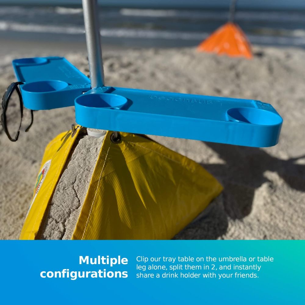 Tray Table System - Beach Umbrella Tray Table with 4 Cup Holders - Beach Trip Must Haves Table for Vacation - Easy Clip on & Clip Off Outdoor Tray Table, Pool Umbrella Table and Beach Table