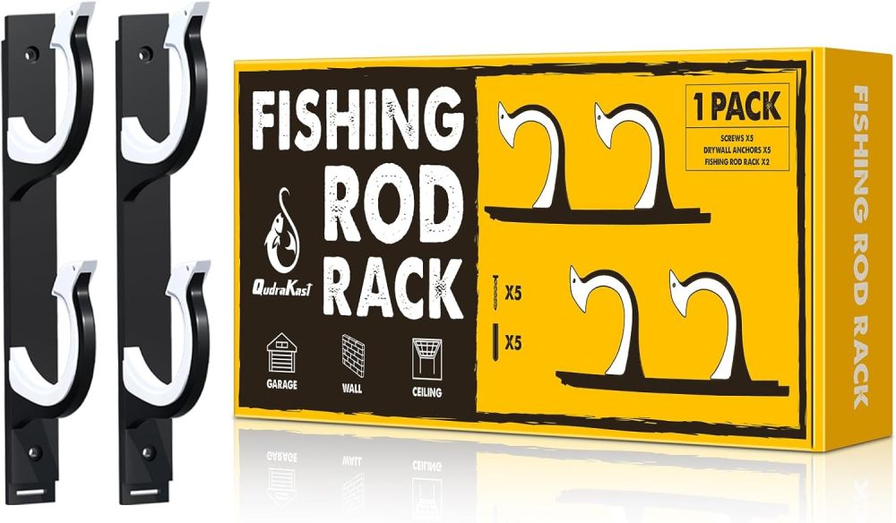 QudraKast Horizontal Fishing Rod Holder for Garage Wall Ceiling Mount - Fishing Pole Holders Fishing Rod Rack Holds Up to 2 Rods or Combos, Ideal Fishing Gift