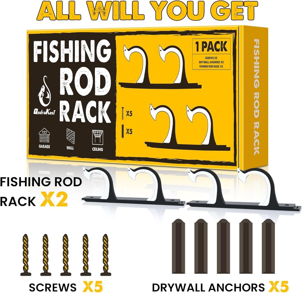 QudraKast Horizontal Fishing Rod Holder for Garage Wall Ceiling Mount - Fishing Pole Holders Fishing Rod Rack Holds Up to 2 Rods or Combos, Ideal Fishing Gift