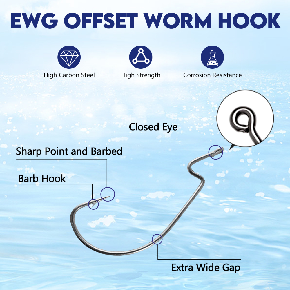 Eupheng Offset EWG Worm Hooks for Bass Fishing Texas Rig Hooks for Freshwater Saltwater Wide Gap Hooks for Soft Plastic Baits Size #4 #2 #1 1/0 2/0 3/0 4/0 5/0