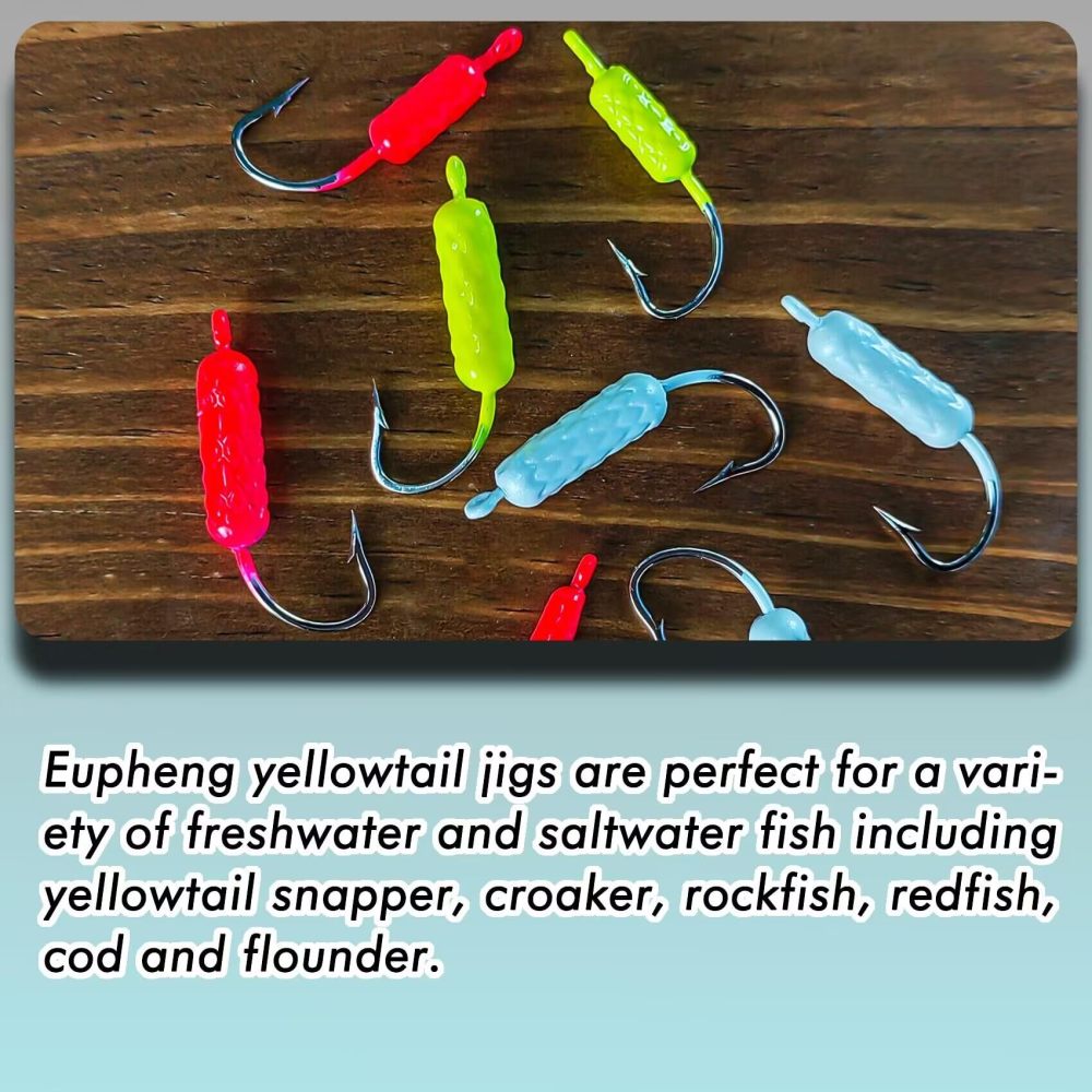 UV Glow in Dark Yellowtail Snapper Jigs, 15PCS 1/4oz, 1/8oz, 1/16oz Weighted Jig Head with Stainless steel Hook Yellowtail jig hook for Saltwater and Freshwater Fishing