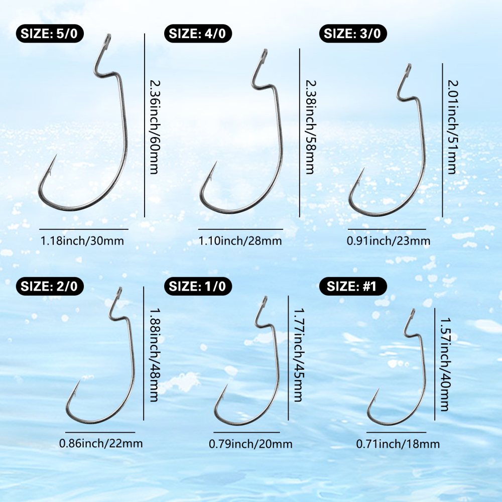 Eupheng Offset EWG Worm Hooks for Bass Fishing Texas Rig Hooks for Freshwater Saltwater Wide Gap Hooks for Soft Plastic Baits Size #4 #2 #1 1/0 2/0 3/0 4/0 5/0