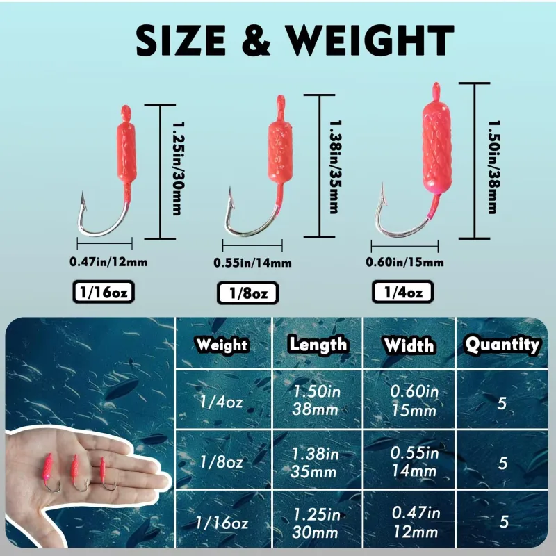 UV Glow in Dark Yellowtail Snapper Jigs, 15PCS 1/4oz, 1/8oz, 1/16oz Weighted Jig Head with Stainless steel Hook Yellowtail jig hook for Saltwater and Freshwater Fishing