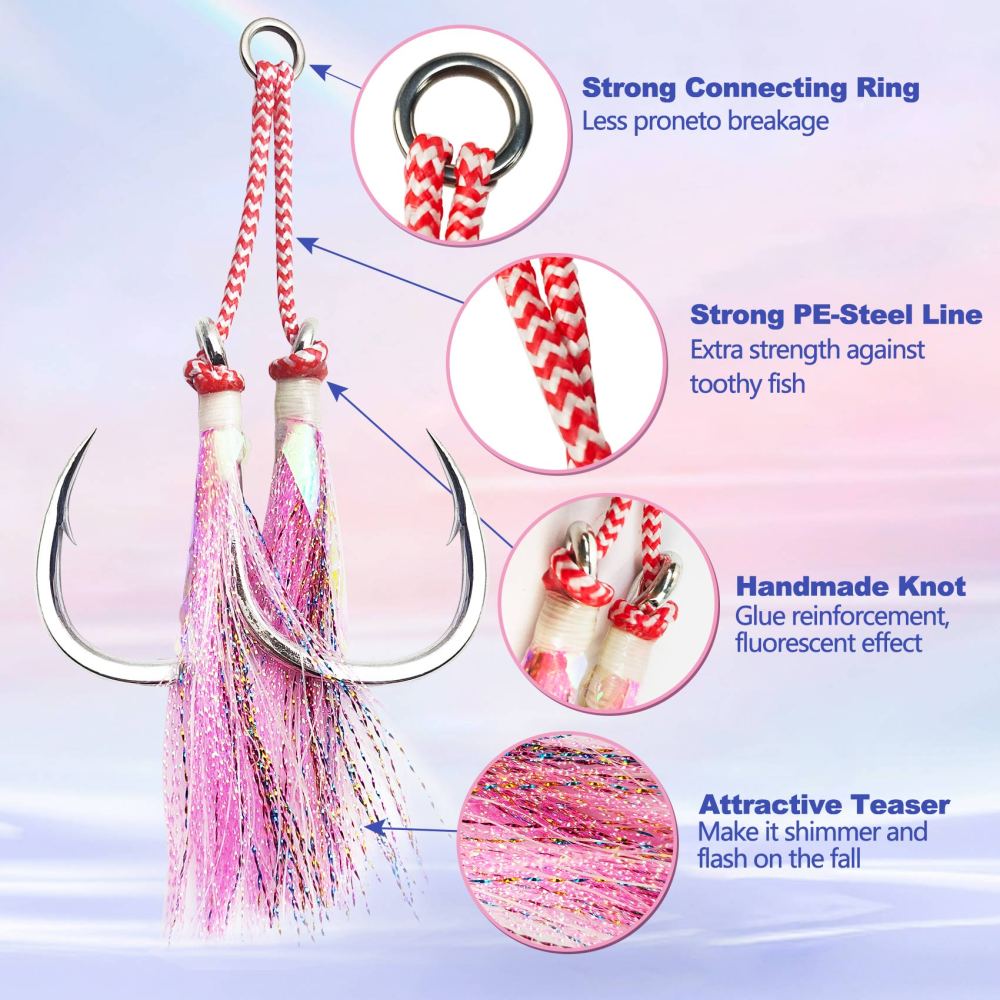 Heavy Duty Assist Hooks, Glow, High Strength BKK Double/Single Assist Replacement Fishing Hooks for Slow Fast Fall Jigging Lures, Also Have Steel Wire Style