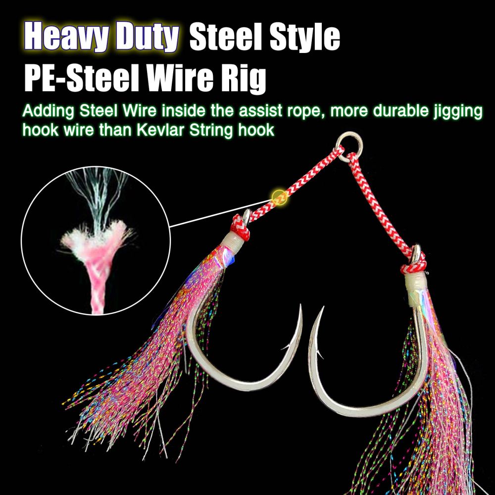 Heavy Duty Assist Hooks, Glow, High Strength BKK Double/Single Assist Replacement Fishing Hooks for Slow Fast Fall Jigging Lures, Also Have Steel Wire Style