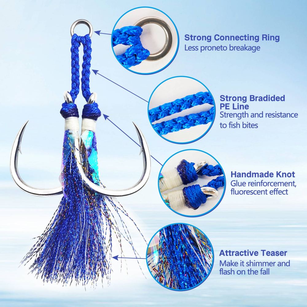 Heavy Duty Assist Hooks, Glow, High Strength BKK Double/Single Assist Replacement Fishing Hooks for Slow Fast Fall Jigging Lures, Also Have Steel Wire Style