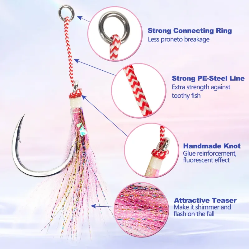 Heavy Duty Assist Hooks, Glow, High Strength BKK Double/Single Assist Replacement Fishing Hooks for Slow Fast Fall Jigging Lures, Also Have Steel Wire Style