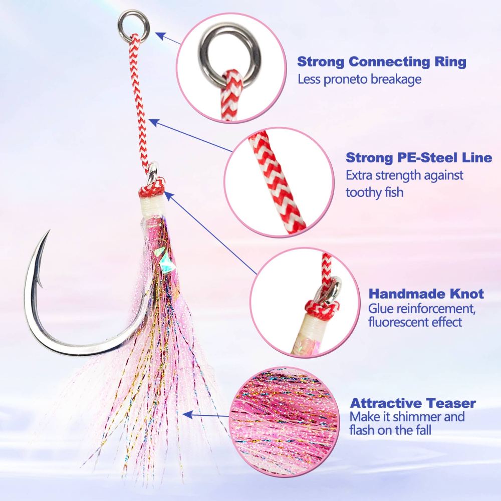 Heavy Duty Assist Hooks, Glow, High Strength BKK Double/Single Assist Replacement Fishing Hooks for Slow Fast Fall Jigging Lures, Also Have Steel Wire Style