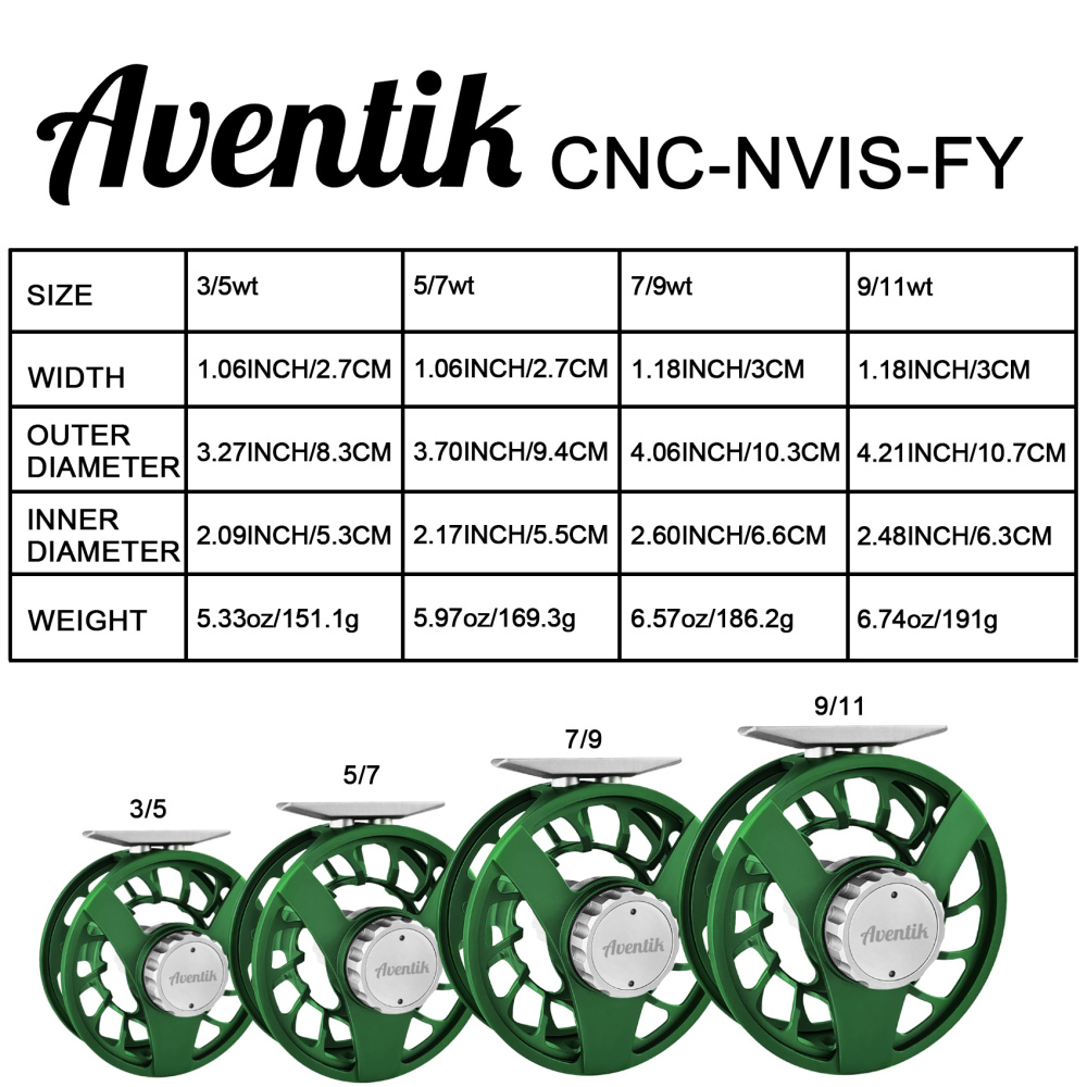 Aventik CNC-NVIS-FY, Multi Nano carbon discs saltwater proof large arbor, 3/5, 5/7, 7/9wt Wing Series fly fishing reels