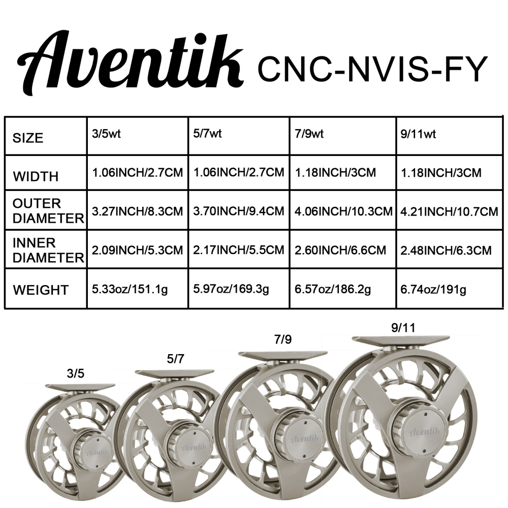 Aventik CNC-NVIS-FY, Multi Nano carbon discs saltwater proof large arbor, 3/5, 5/7, 7/9wt Wing Series fly fishing reels