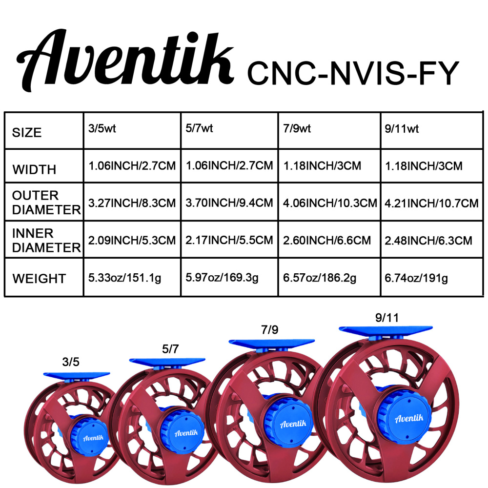 Aventik CNC-NVIS-FY, Multi Nano carbon discs saltwater proof large arbor, 3/5, 5/7, 7/9wt Wing Series fly fishing reels