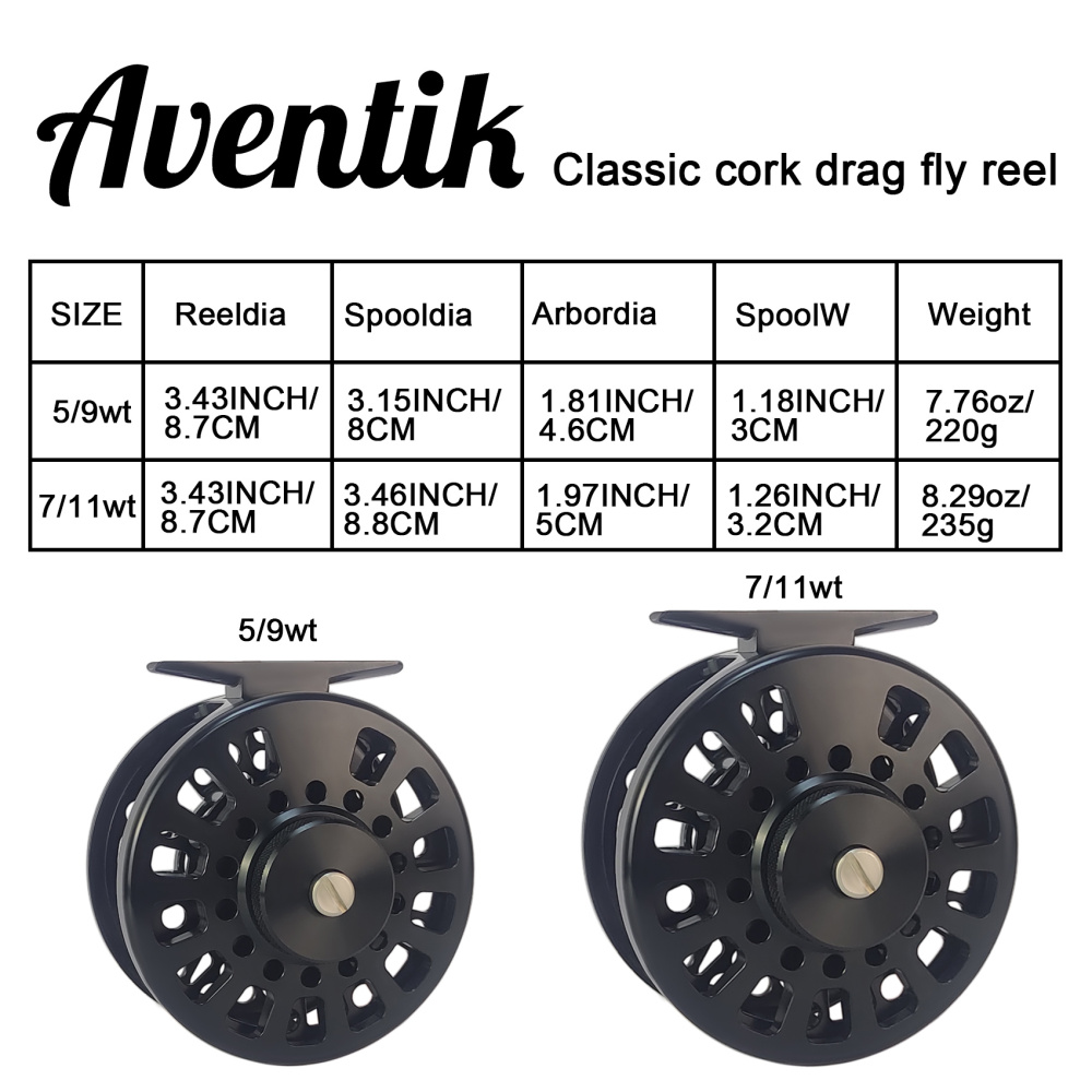 Aventik Classic Cork Disc Drag Salmon Saltwater CNC Machined Fly Fishing Reel 5/9, 7/11 Fishing Reel
