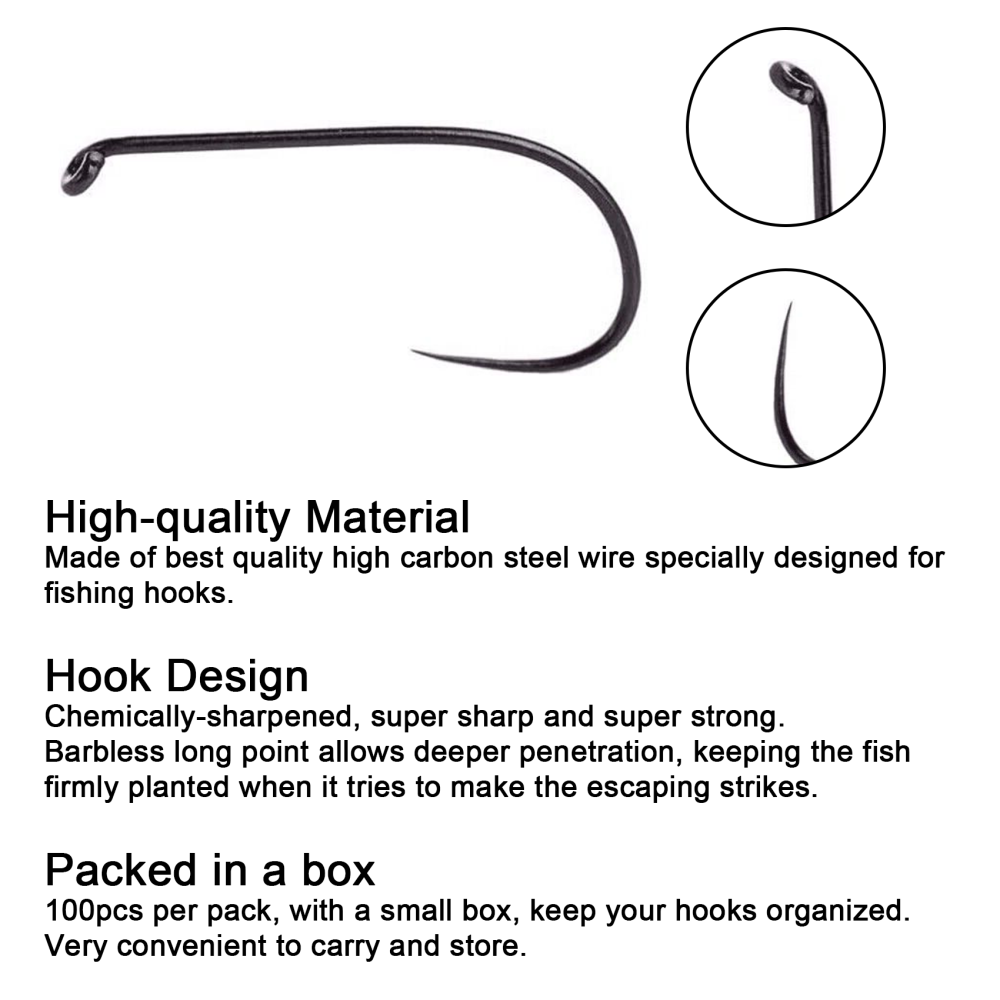 Fly Fishing Hooks 100pc Pack Barbless Catch & Release Dry Wet Nymph Shrimp&Pupa, Streamer, Caddis, Jig, Scud Flies Fishing Hooks