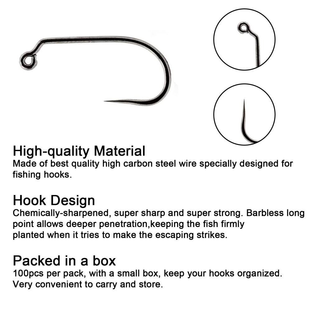 Fly Fishing Hooks 100pc Pack Barbless Catch & Release Dry Wet Nymph Shrimp&Pupa, Streamer, Caddis, Jig, Scud Flies Fishing Hooks