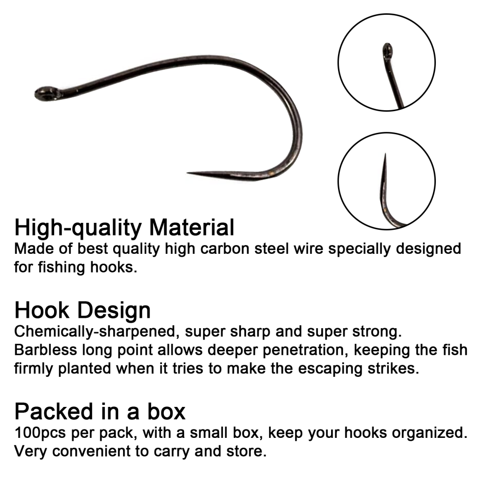 Fly Fishing Hooks 100pc Pack Barbless Catch & Release Dry Wet Nymph Shrimp&Pupa, Streamer, Caddis, Jig, Scud Flies Fishing Hooks