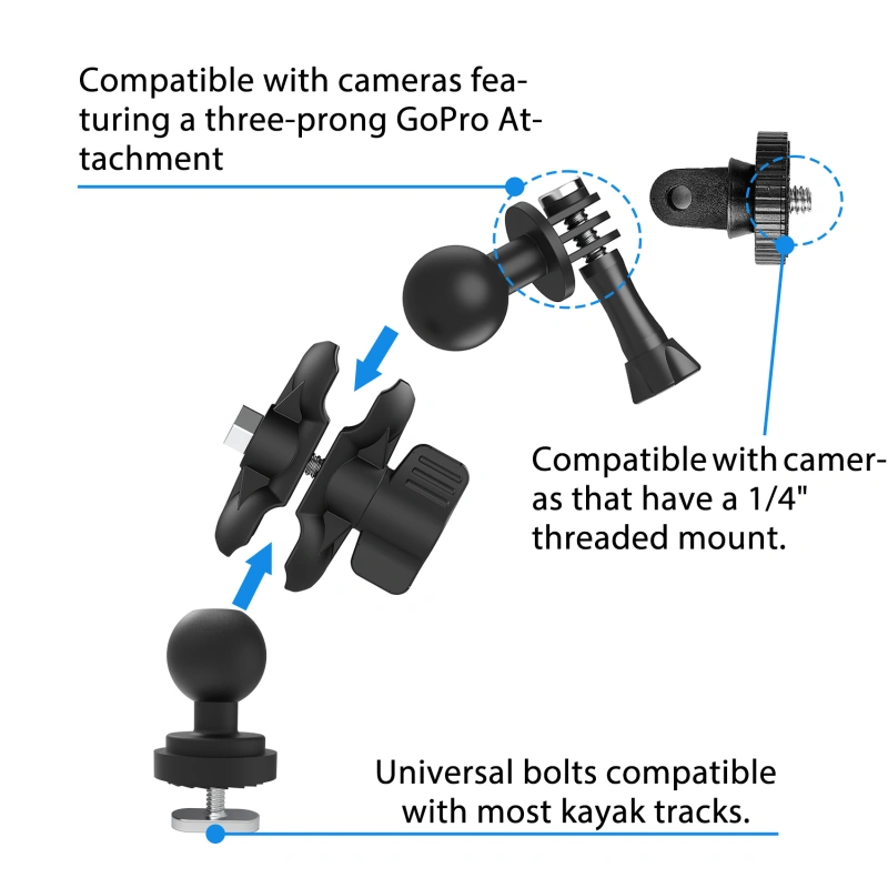 Universal Kayak Action Camera Mount 360 Degree Adjustable Kayak Rail Track Camera Holder Compatible with GoPro Three-prong Mounts