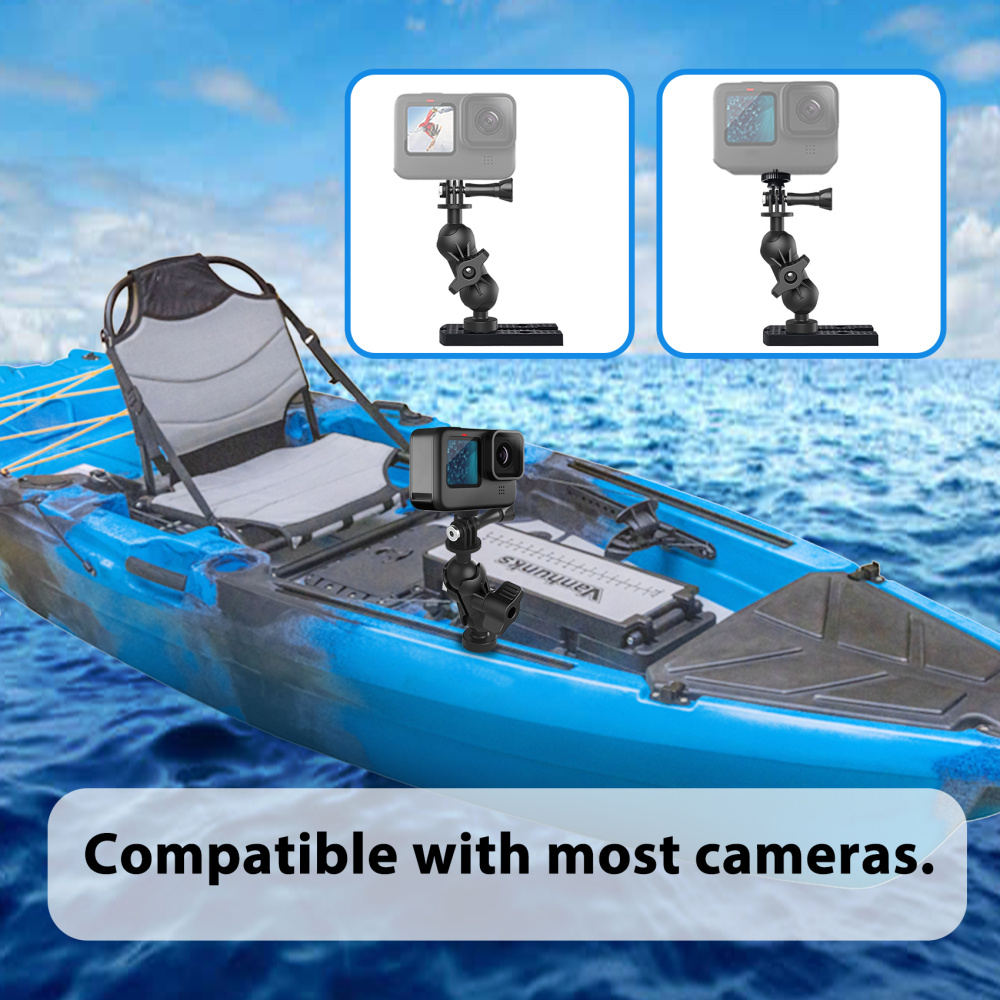 Universal Kayak Action Camera Mount 360 Degree Adjustable Kayak Rail Track Camera Holder Compatible with GoPro Three-prong Mounts