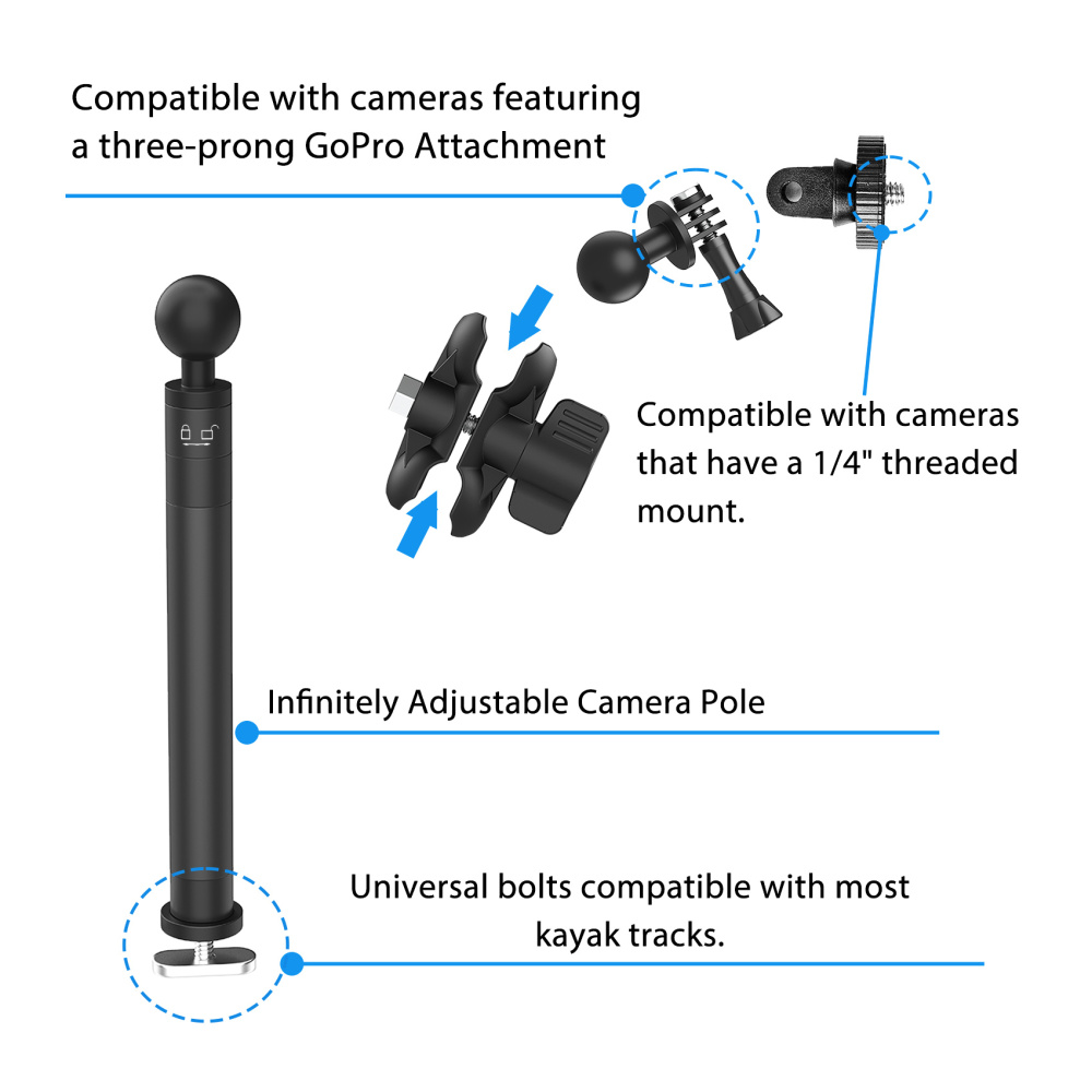 29" Adjustable Kayak Camera Mount with Infinitely Extendable Stand, Kayak Sports Camera Mounting Compatible with GoPro and 1/4" Threaded Cameras