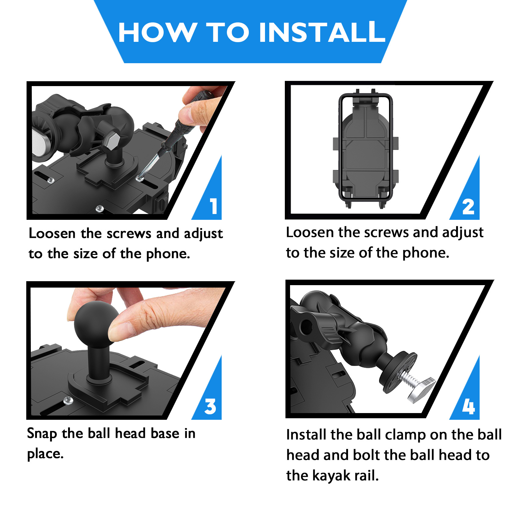 Kayak Phone Holder Mount with 8-Claw Anti-Slip Fixing, 360° Adjustable Kayak Phone Holder Compatible with 4.7-7 Inch Phones Kayak Rail Accessories