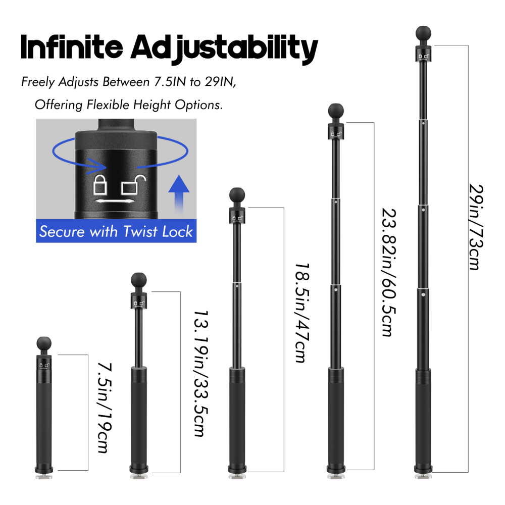 29" Adjustable Kayak Camera Mount with Infinitely Extendable Stand, Kayak Sports Camera Mounting Compatible with GoPro and 1/4" Threaded Cameras