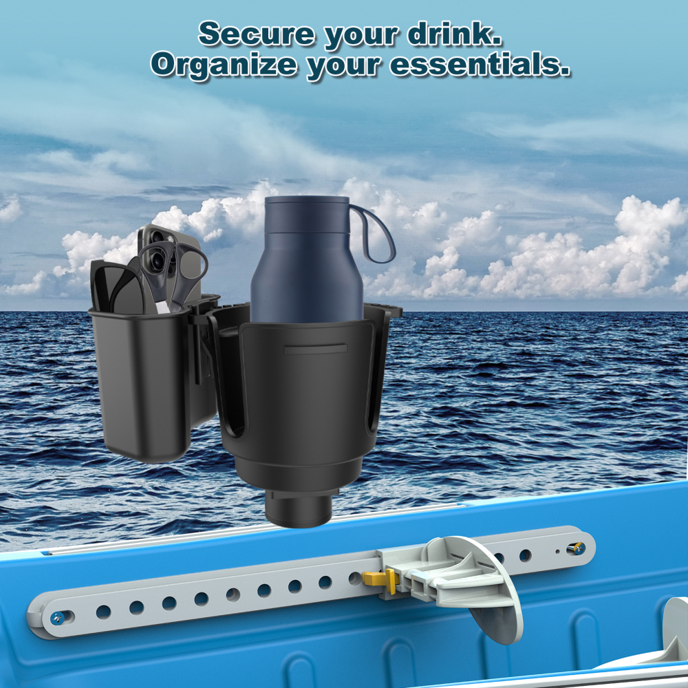 Multi-Functional Kayak Cup Holder with Tool Storage Box, Track Mount Non-Slip Design, Durable Lure Holding Tool Storage Boat Cup Holder Gear Organizer for Kayaking and Fishing
