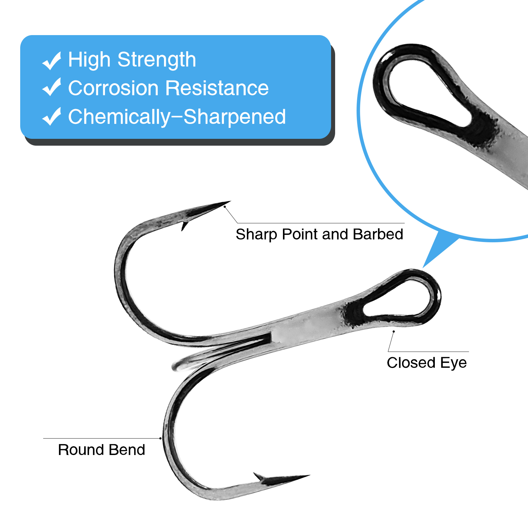 Eupheng Treble Hooks for Saltwater Freshwater High Carbon Steel Hooks Strong Sharp Round Bend Triple Hook for Catfish Trout Hard Baits Lures Fishing Size 1/0 to 12