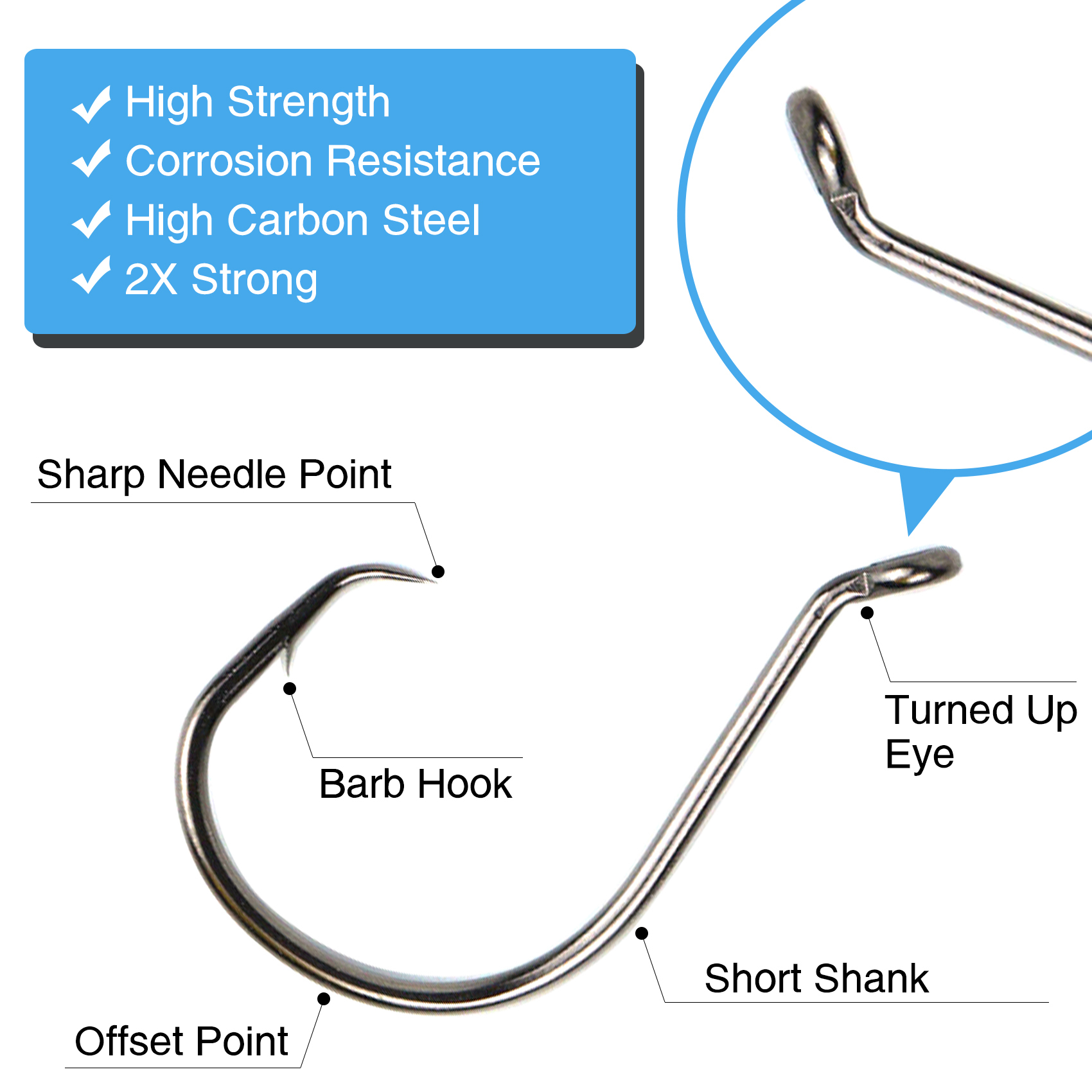 Eupheng Circle Hooks 2X Strong Offset Freshwater Saltwater Fish Hooks for Catfish Bass Trout Multi Size