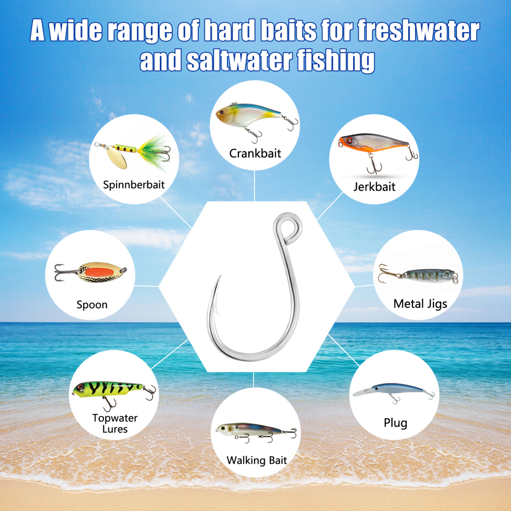 Eupheng Inline Single Replacement Hooks for Lures, Baits and Plugs, High Carbon Steel – Ideal for Saltwater and Freshwater Fishing in Various Sizes 6-3/0