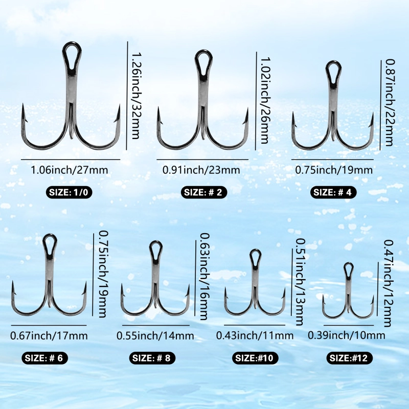 Eupheng Treble Hooks for Saltwater Freshwater High Carbon Steel Hooks Strong Sharp Round Bend Triple Hook for Catfish Trout Hard Baits Lures Fishing Size 1/0 to 12