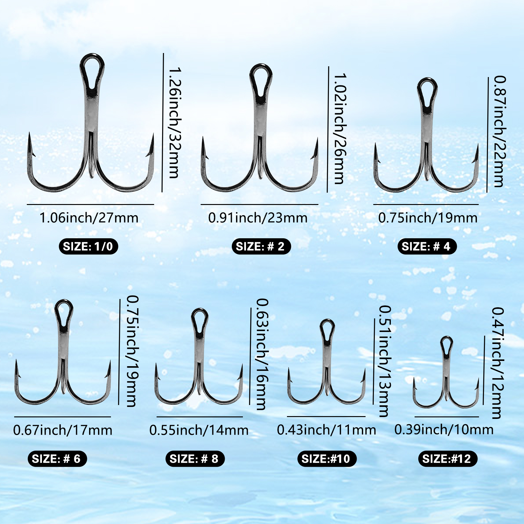 Eupheng Treble Hooks for Saltwater Freshwater High Carbon Steel Hooks Strong Sharp Round Bend Triple Hook for Catfish Trout Hard Baits Lures Fishing Size 1/0 to 12