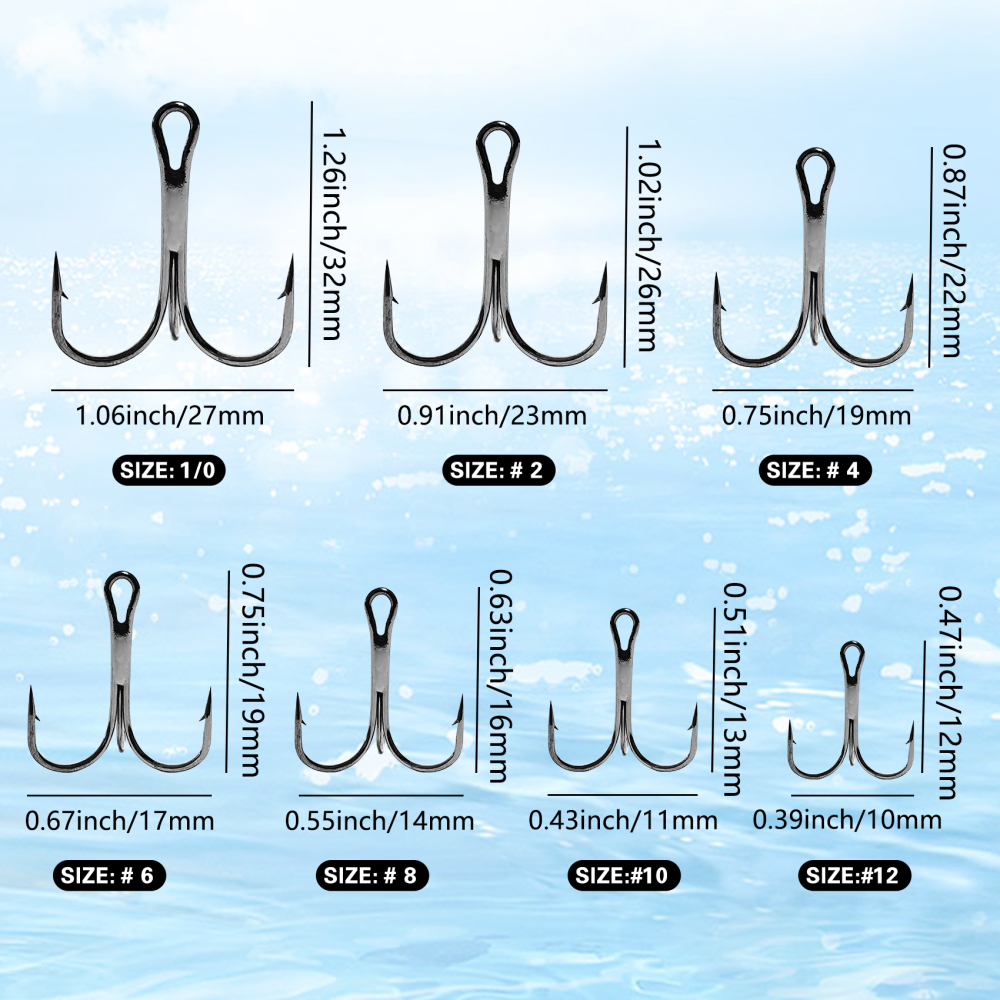 Eupheng Treble Hooks for Saltwater Freshwater High Carbon Steel Hooks Strong Sharp Round Bend Triple Hook for Catfish Trout Hard Baits Lures Fishing Size 1/0 to 12