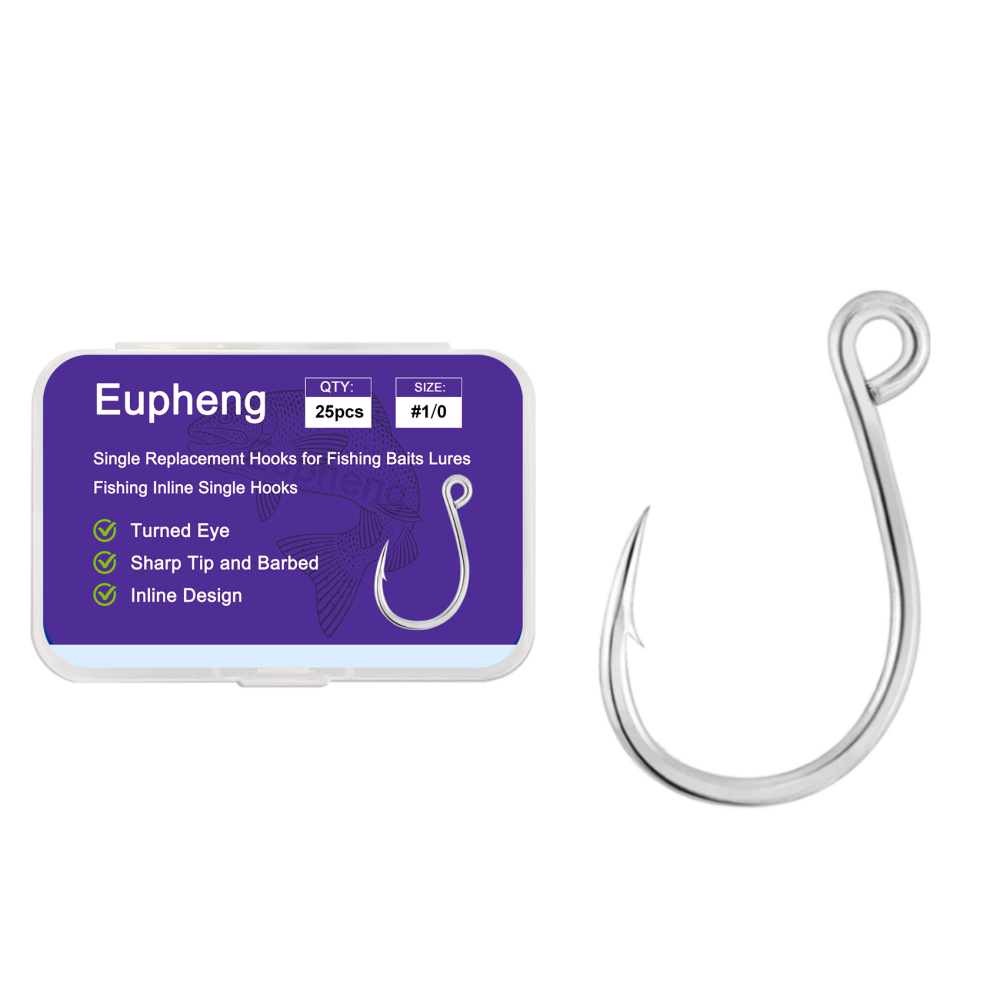 Eupheng Inline Single Replacement Hooks for Lures, Baits and Plugs, High Carbon Steel – Ideal for Saltwater and Freshwater Fishing in Various Sizes 6-3/0