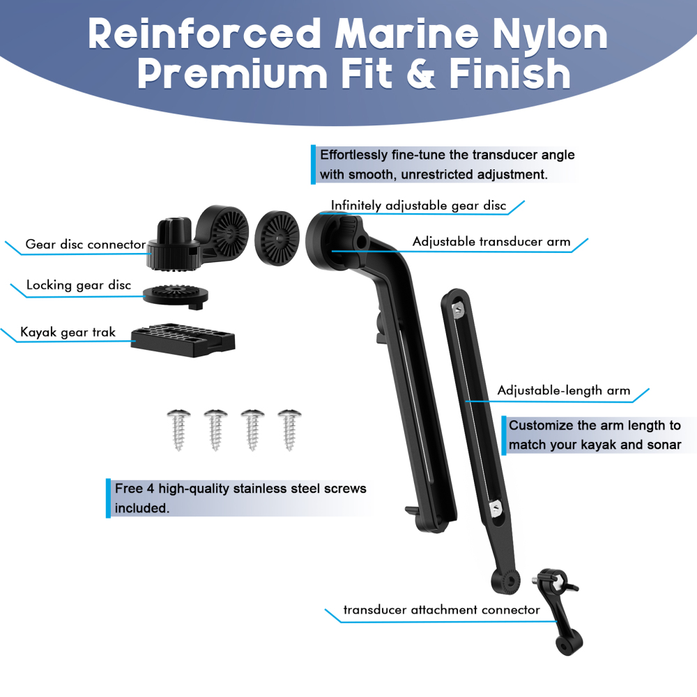 Universal Kayak Transducer Mount Arm Adjustable 9–14”, Tool-Free Installation Saltwater-Resistant, Compatible with Garmin Lowrance Humminbird Fish Finder