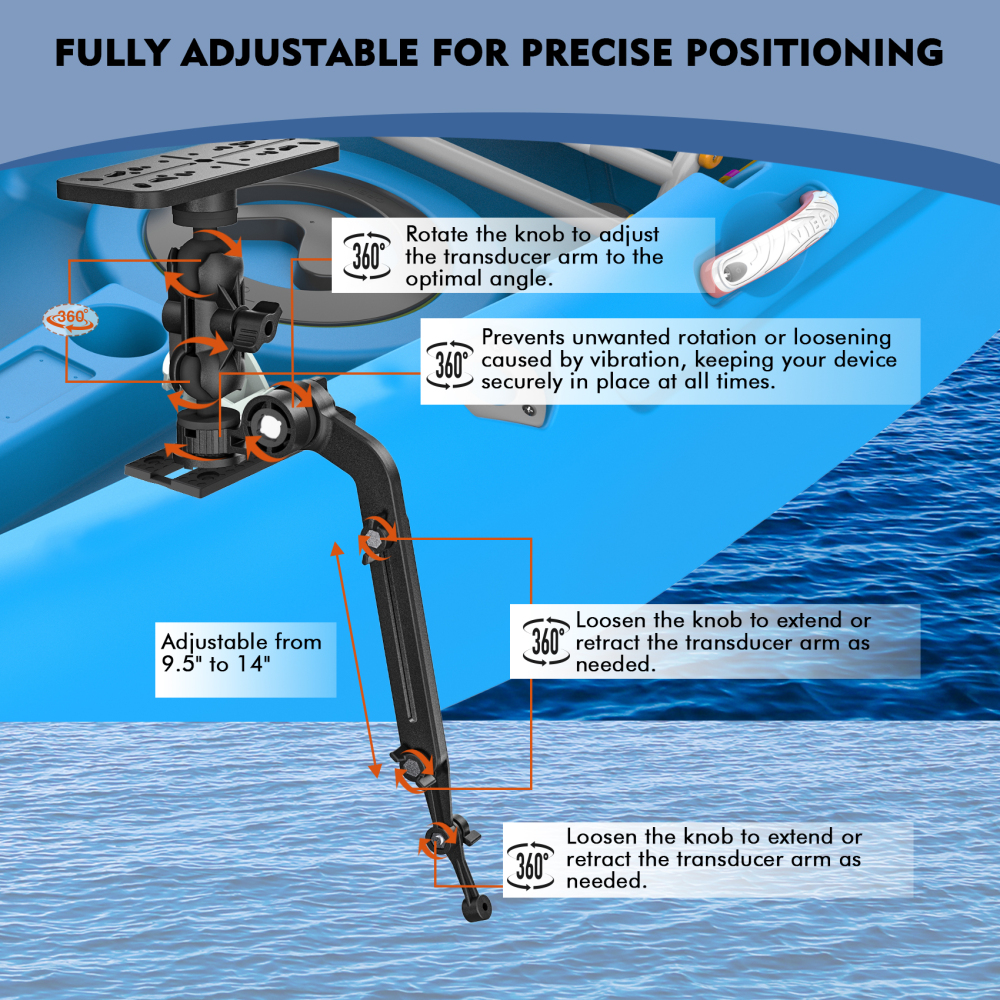 Universal Kayak Fish Finder Mount with Transducer Arm Adjustable 9–14” Tool-Free Rail Installation – Fish Finder Bracket for Kayaks, SUPs & Small Boats