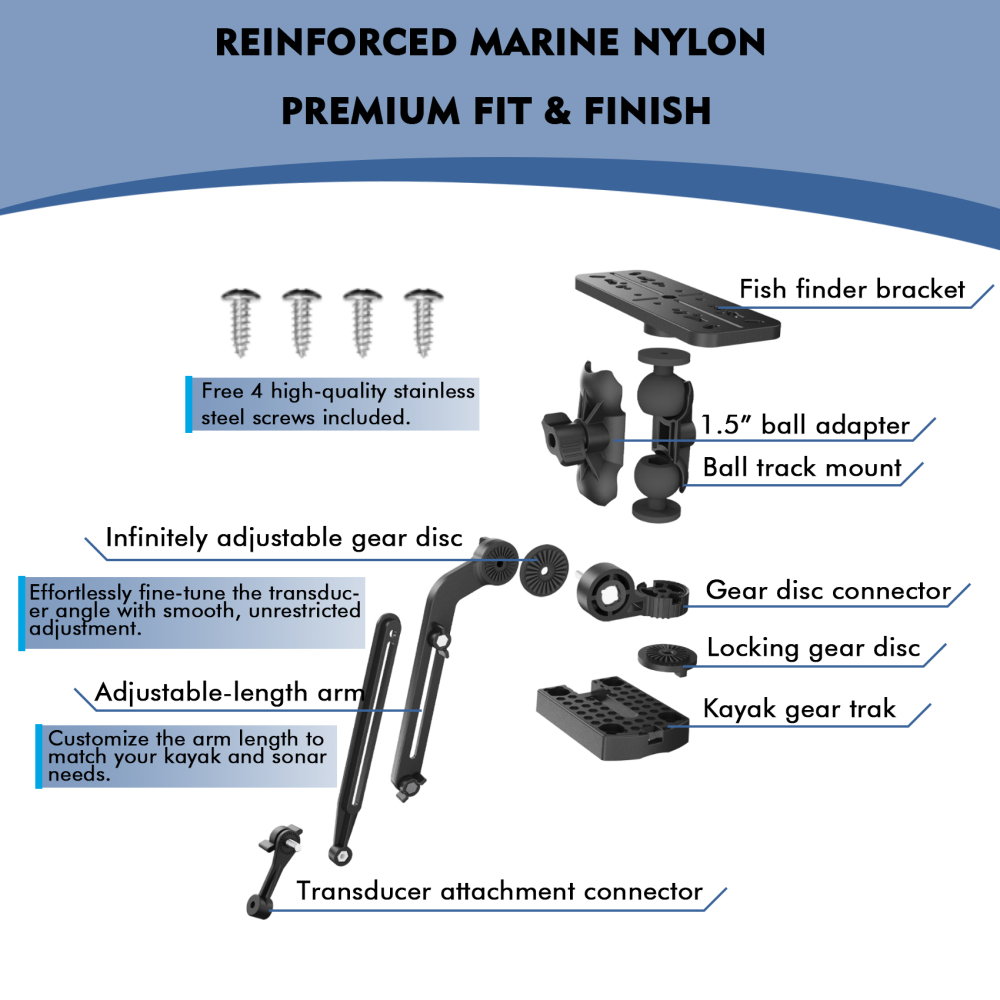 Universal Kayak Fish Finder Mount with Transducer Arm Adjustable 9–14” Tool-Free Rail Installation – Fish Finder Bracket for Kayaks, SUPs & Small Boats