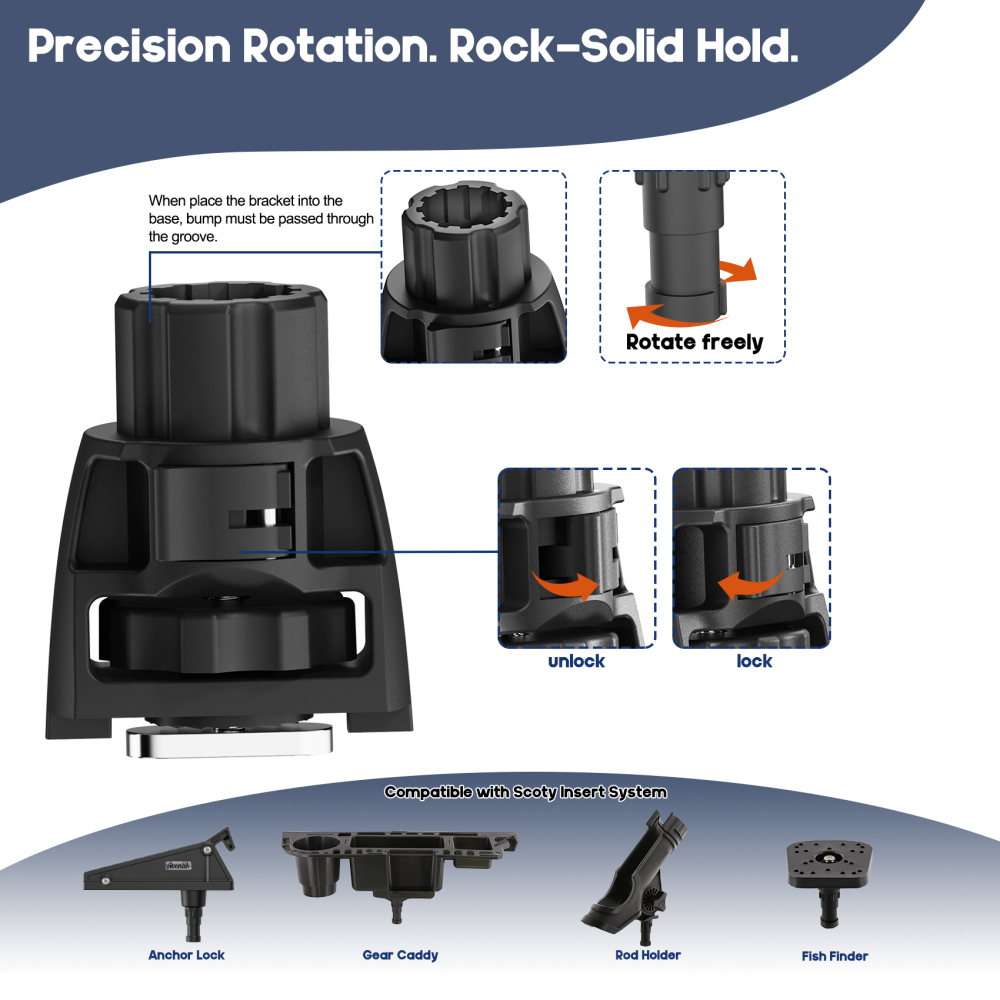 Heavy-Duty Kayak Track Adapter for Rod Holders & Accessories – Anti-Rotation Locking Base, Fits Standard Kayak Rails – Easy No-Drill Installation for Fish Finder, GoPro, Cup Holder