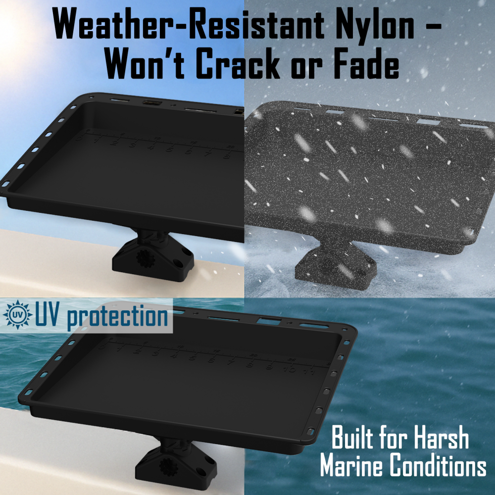 Adjustable Boat Bait Cutting Board – 360° Rotating Nylon Cutting Board Bait Table with Measuring Lines, Tool Slots, Drain Holes & T-Track Compatibility