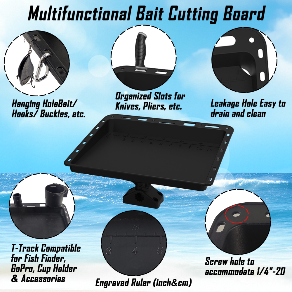 Adjustable Boat Bait Cutting Board – 360° Rotating Nylon Cutting Board Bait Table with Measuring Lines, Tool Slots, Drain Holes & T-Track Compatibility