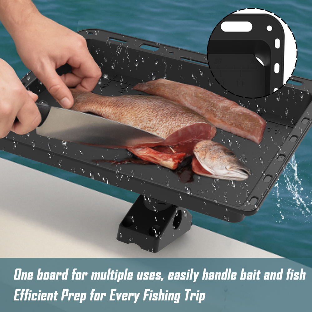 Adjustable Boat Bait Cutting Board – 360° Rotating Nylon Cutting Board Bait Table with Measuring Lines, Tool Slots, Drain Holes & T-Track Compatibility