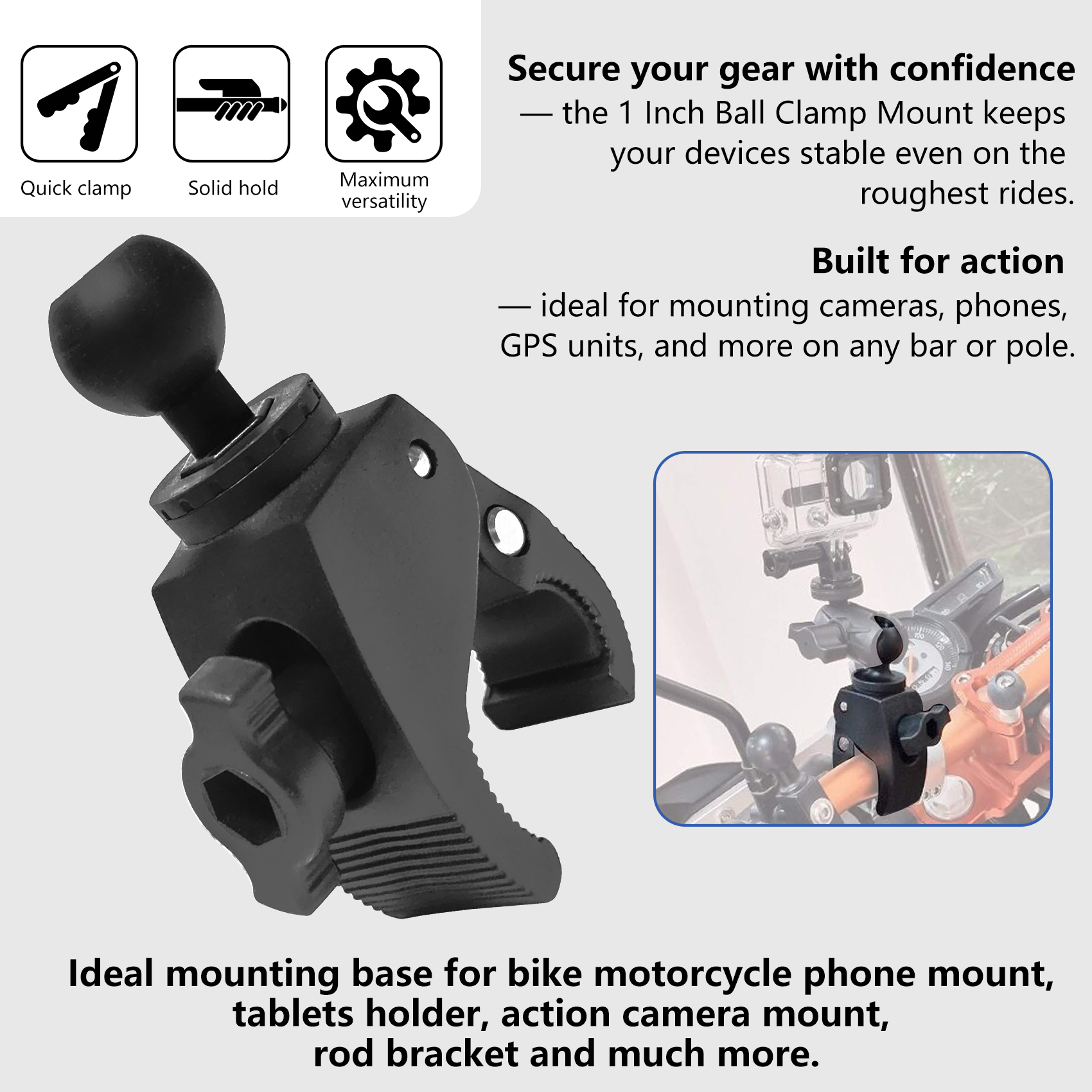 Mount Clamp Base with 1-Inch / 25mm Ball, Fits 0.63" to 1.5" Rails/Post/Pole/Handlebar, Compatible with RAM B Size Double Socket Arms, All Industry Standard 1 inch mounts