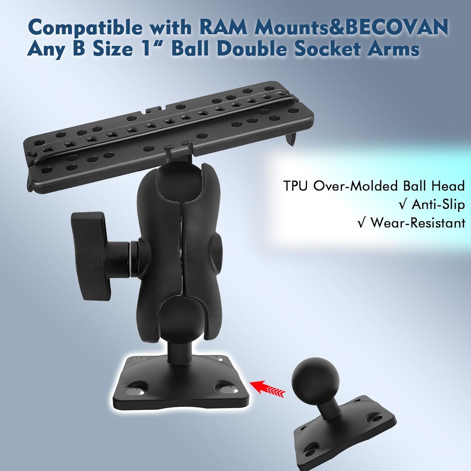 2008 1" Ball Mount Base with 4-Hole AMPS Square Plate Compatible with RAM Mounts B Size 1 Inch Ball Double Socket Arm