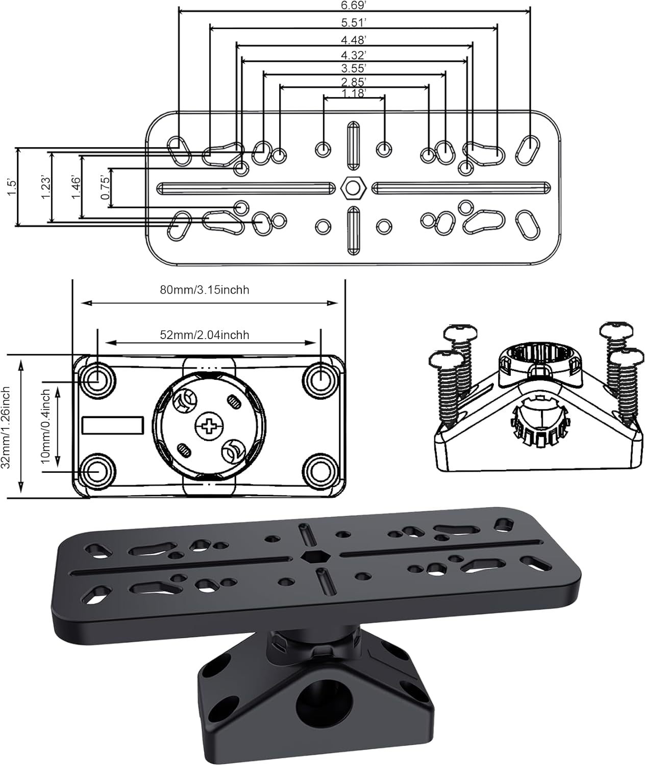 Fish Finder Mount Base, 360° Rotating Boat Electronics Holder, Marine-Grade Composite Mount for Fishfinder, Compatible with Garmin,Lowrance,Humminbird,Raymarine