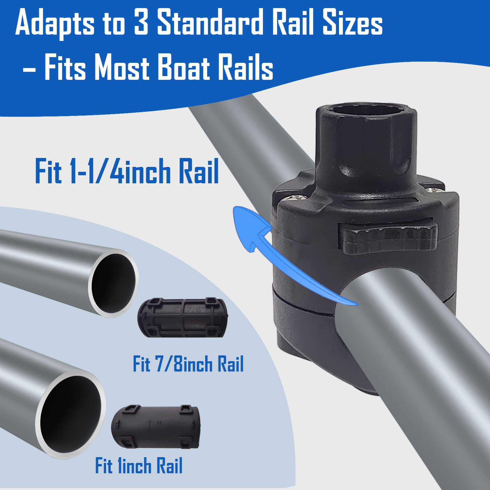Boat Rail Mount for 7/8", 1", 1-1/4" Round Rails, Compatible with Scotty Rod Holders
