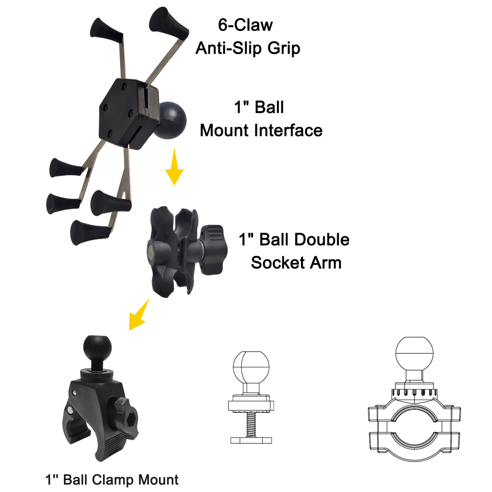 EDSRDPLT Kayak Phone Holder, 6-Claw Anti-Slip Mount, Compatible with 1" Ball Double Socket Arm System, Mount Clamp Base with 1-Inch / 25mm Ball, Fits 1" to 1.6" Rails / Post / Pole / Handlebar