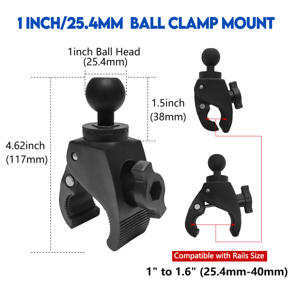 EDSRDPLT Kayak Phone Holder, 6-Claw Anti-Slip Mount, Compatible with 1" Ball Double Socket Arm System, Mount Clamp Base with 1-Inch / 25mm Ball, Fits 1" to 1.6" Rails / Post / Pole / Handlebar