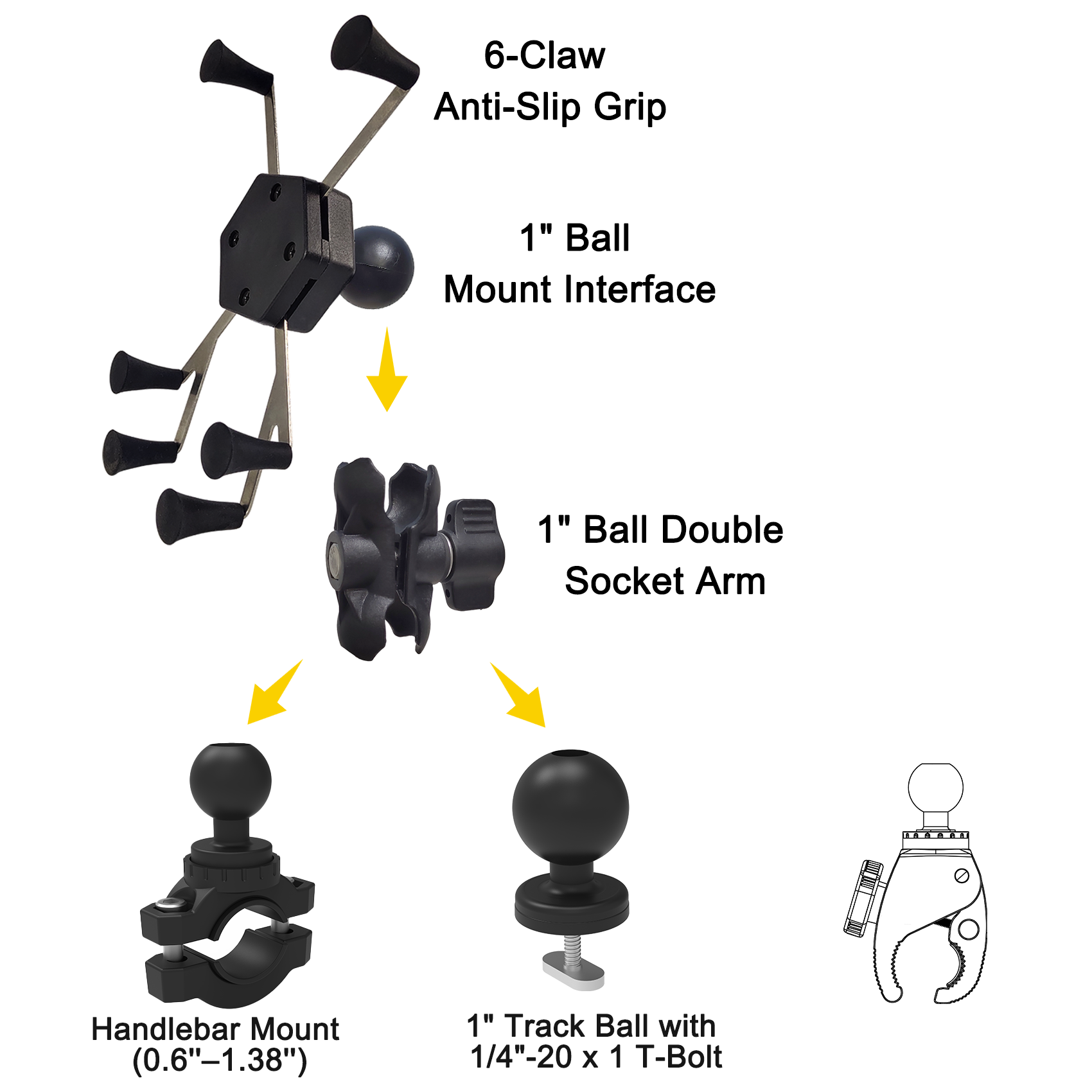 EDSRDPLT Kayak Phone Holder, 6-Claw Anti-Slip Mount, Compatible with 1" Ball Double Socket Arm System, Handlebar Mount with 1" Ball for Rail Diameter 0.6'' to 1.38'', T-Bolt Mount Track Ball